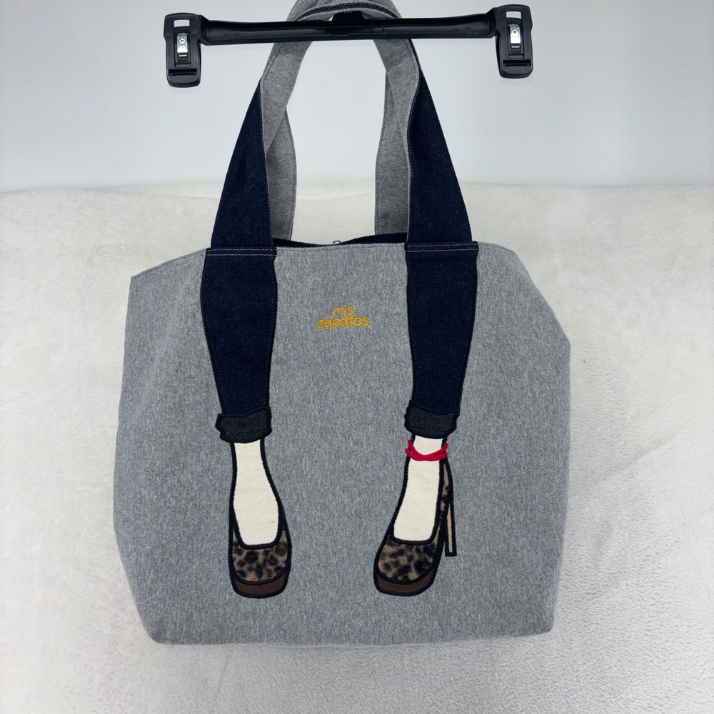 Mis Zapatos Grey Jersey Tote Bag Leopard Heels Denim Handle Whimsical Graphic